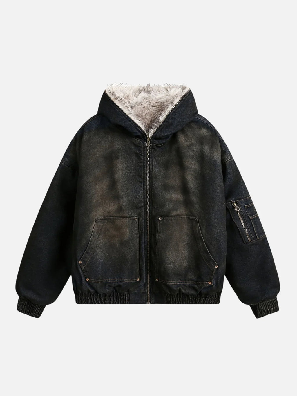 Kurtka jeansowa z kapturem i futerkiem zimowa ocieplana