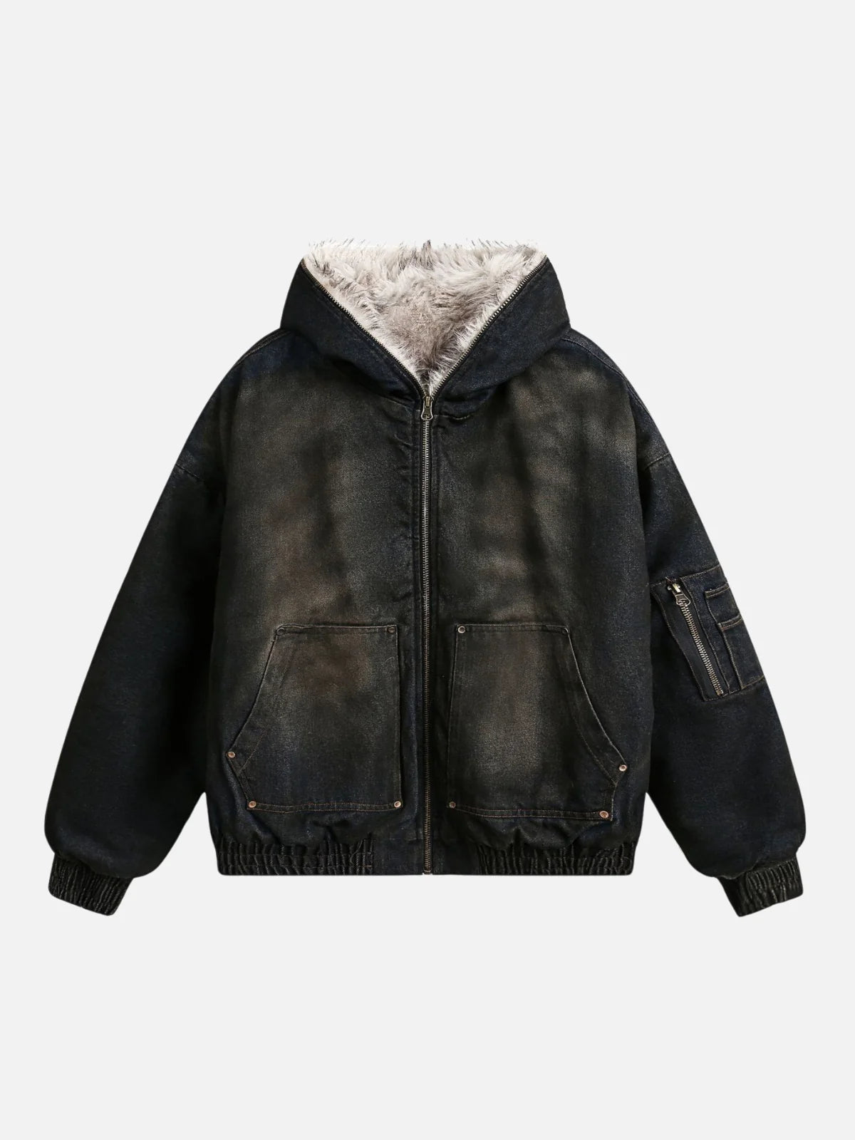 Kurtka jeansowa z kapturem i futerkiem zimowa ocieplana